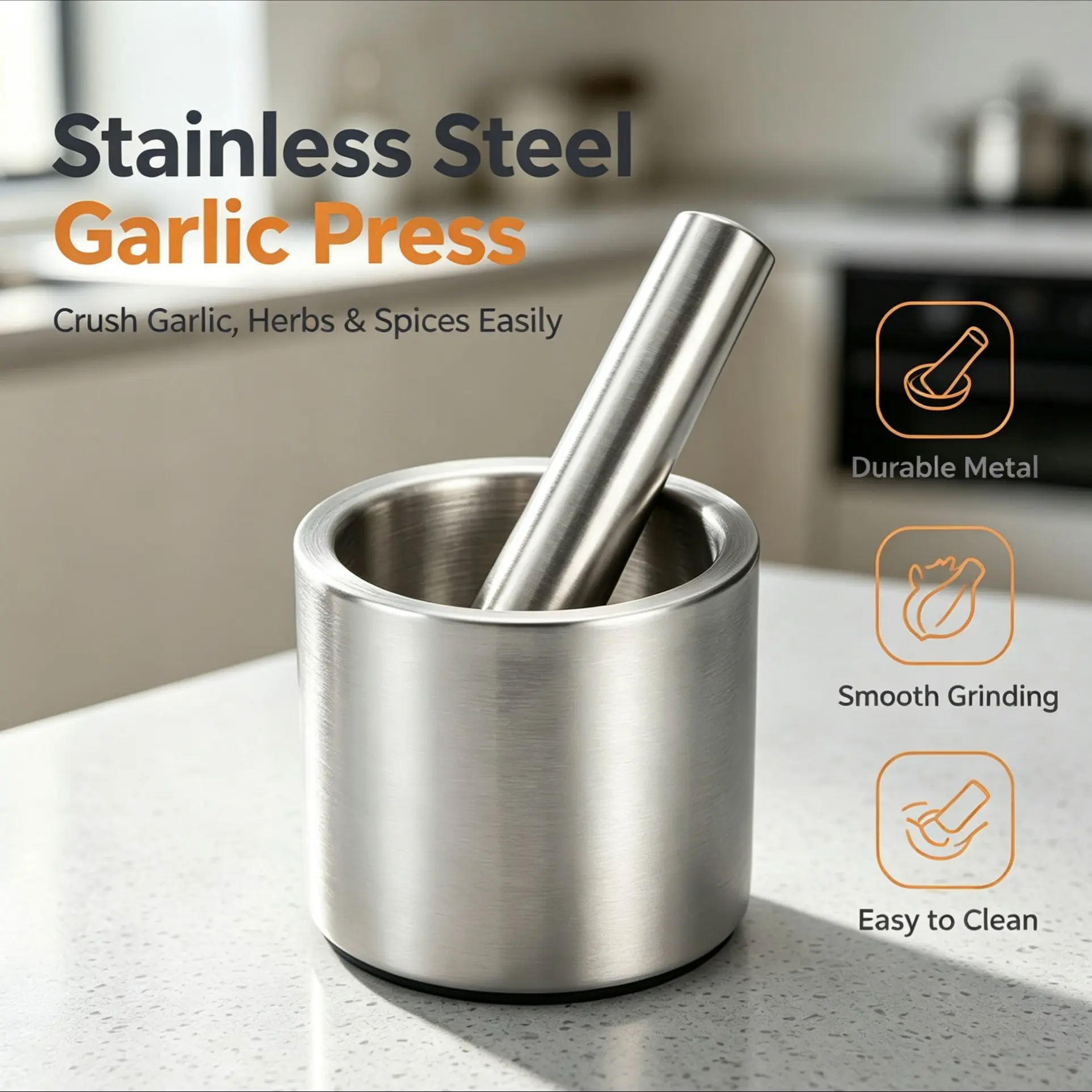 304 Stainless Steel Garlic Press, Manual Garlic Mincer, Home Use Garlic Grinder, Stone Mortar, Medicinal Grind Tool, Kitchen Essential