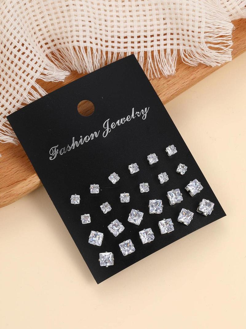 Fashion Mixed Size Rhinestone Decorated Stud Earring, Casual Heart & Square Shaped Stud Earrings for Women & Men, Jewelry for Party, Daily Clothing Decor for Girl & Boy, Valentine's Day Gift