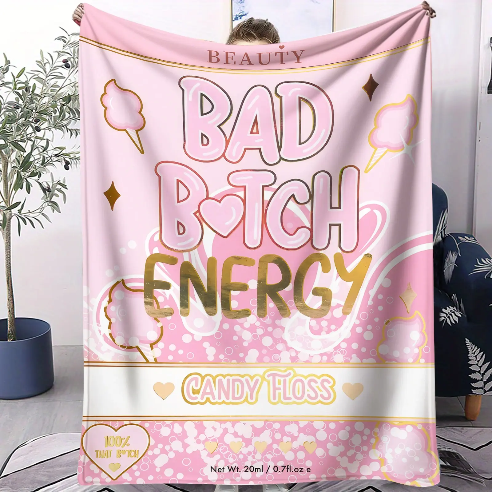 Bad Bitch Energy Pink Candy Floss Print Flannel Blanket, Stylish Throw Blanket, Soft Plush Warm Blanket, Cozy Blanket, Gift Blanket, Decorative Blanket, Perfect for Couch, Bed & Office Decor, Soft Comfy Blanket