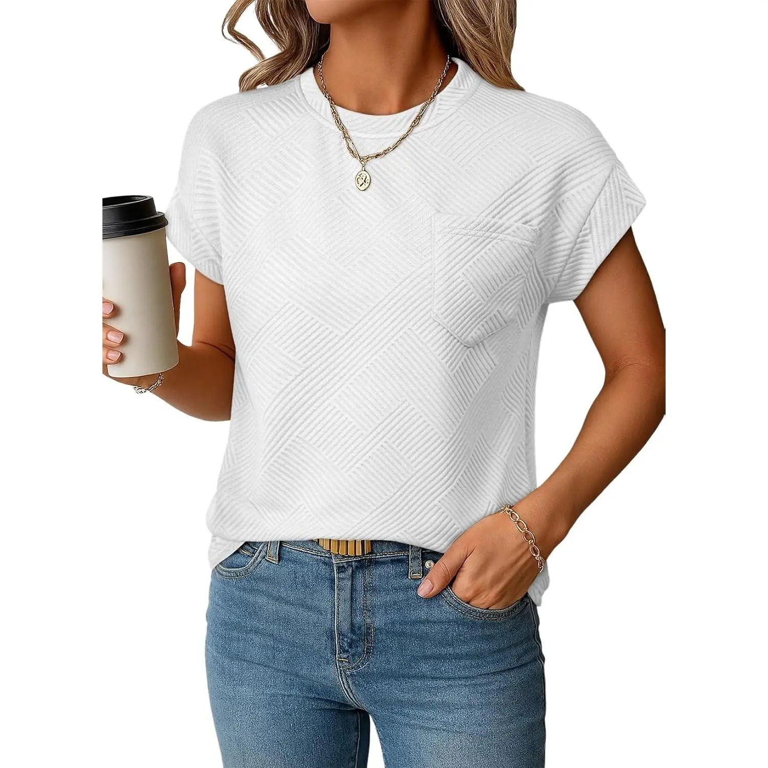 Women's Summer Crewneck Cap Sleeve Textured Solid Loose T-Shirts & Blouses - Dressy Casual Business Styles with Cute Denim Jacket, Jeans & Pants