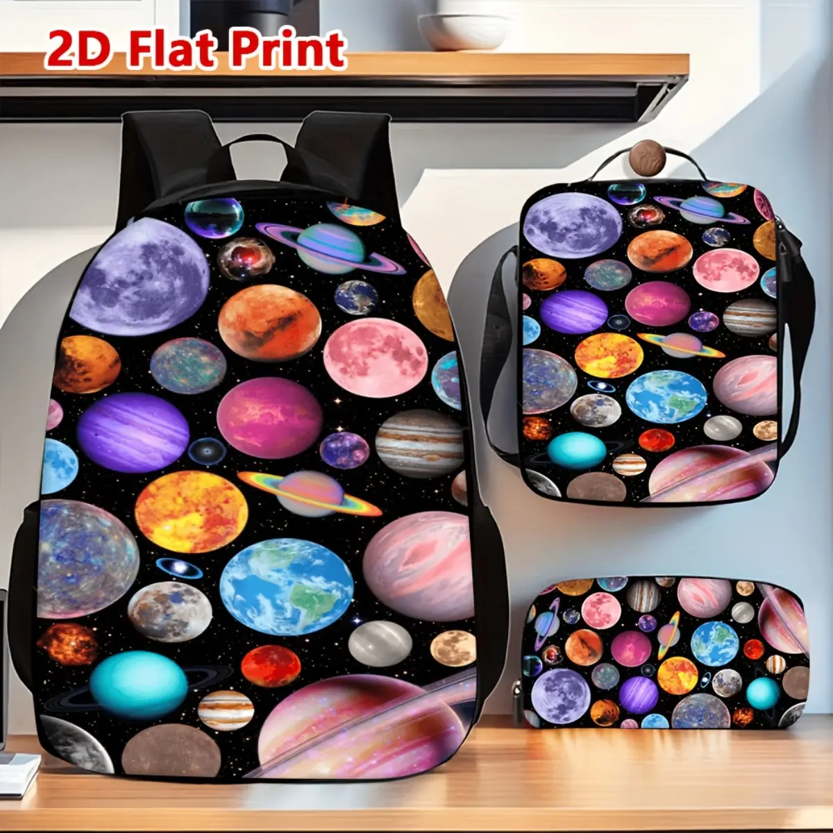 3pcs Solar System Backpack & Pencil Case Suitable for and, Bookbag with Planet Print, Zipper Closure, Bag for, Space-Themed Daily Use for, Office, Travel