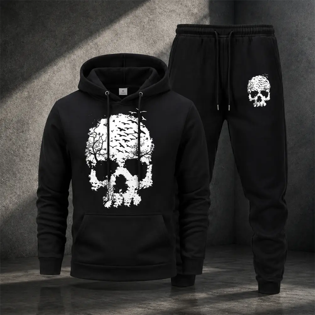 Men’s Hoodie and Sweatpants Set, Skull Graphic Pullover Hoodie Matching Jogger Pants Outfit, Casual Streetwear Tracksuit for Men, Comfortable 2 Piece Sweat Suit for Fall Winter, Daily Wear, Travel, Outdoor and Lounge