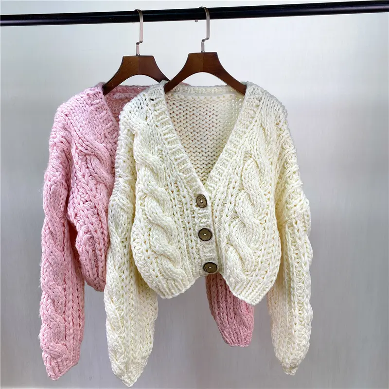 MIAO Women's Handknitted Sweater Cardigan Outfits Y2K 3D V-neck 3 Buttons Crochet Design Cozy Fashion  Knitwear Knitting Tops Long Sleeve