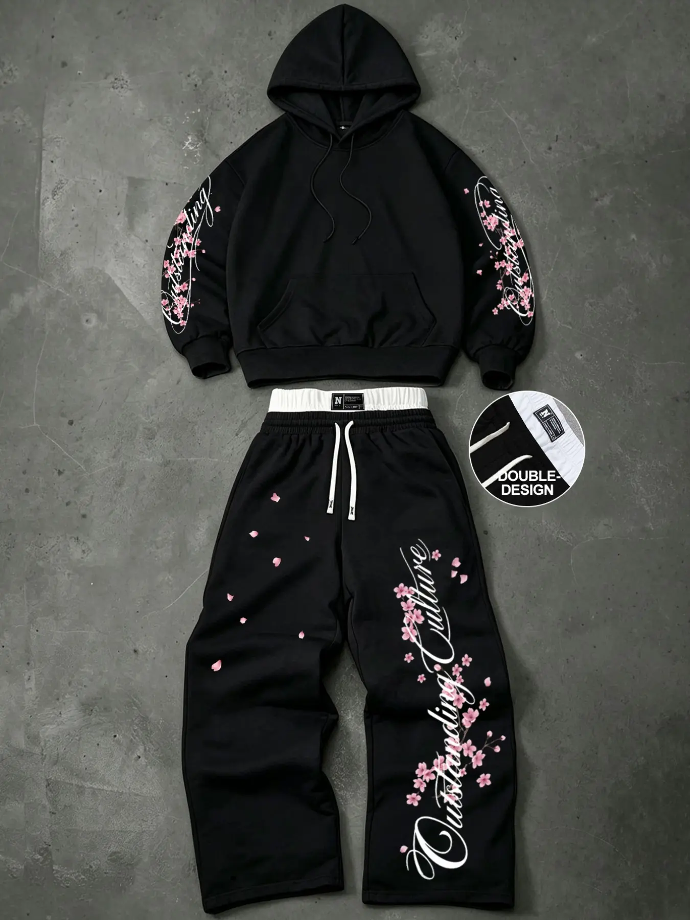 Y2K Japanese Streetwear Cherry Blossom Print Hoodie and Sweatpants Set - Men's Oversized Double Waistband Tracksuit 2 Piece Co-ord Set for Daily Casual & Street Fashion