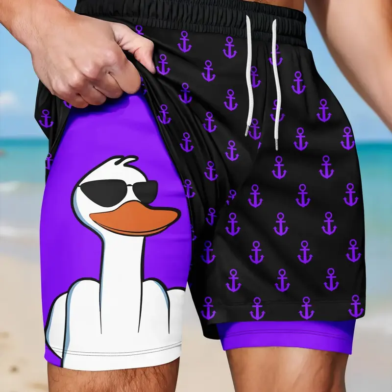 Men's 2-in-1 Quick-Dry Beach Shorts, Swimwear Shorts, Cool Cartoon Duck & Anchor Print Drawstring Casual Summer Graphic Swim Trunks, Swimsuit Shorts for Vacation #GLOBAL PICKS