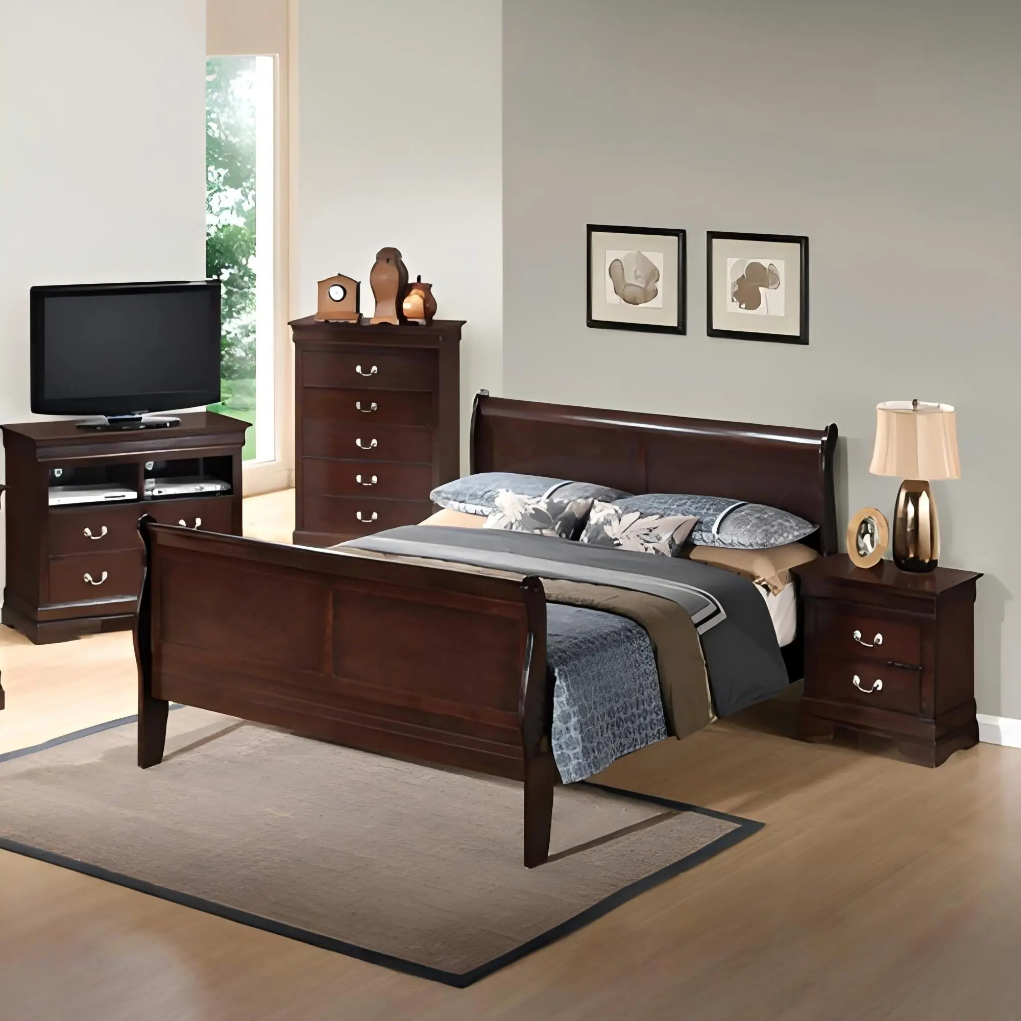 Nokaa Queen Sleigh Bed Frame with Curved Trim and Wood Posts, Cappuccino Finish, Particle Board Construction, Multiple Size Options Available, Easy Assembly, Bedroom Furniture
