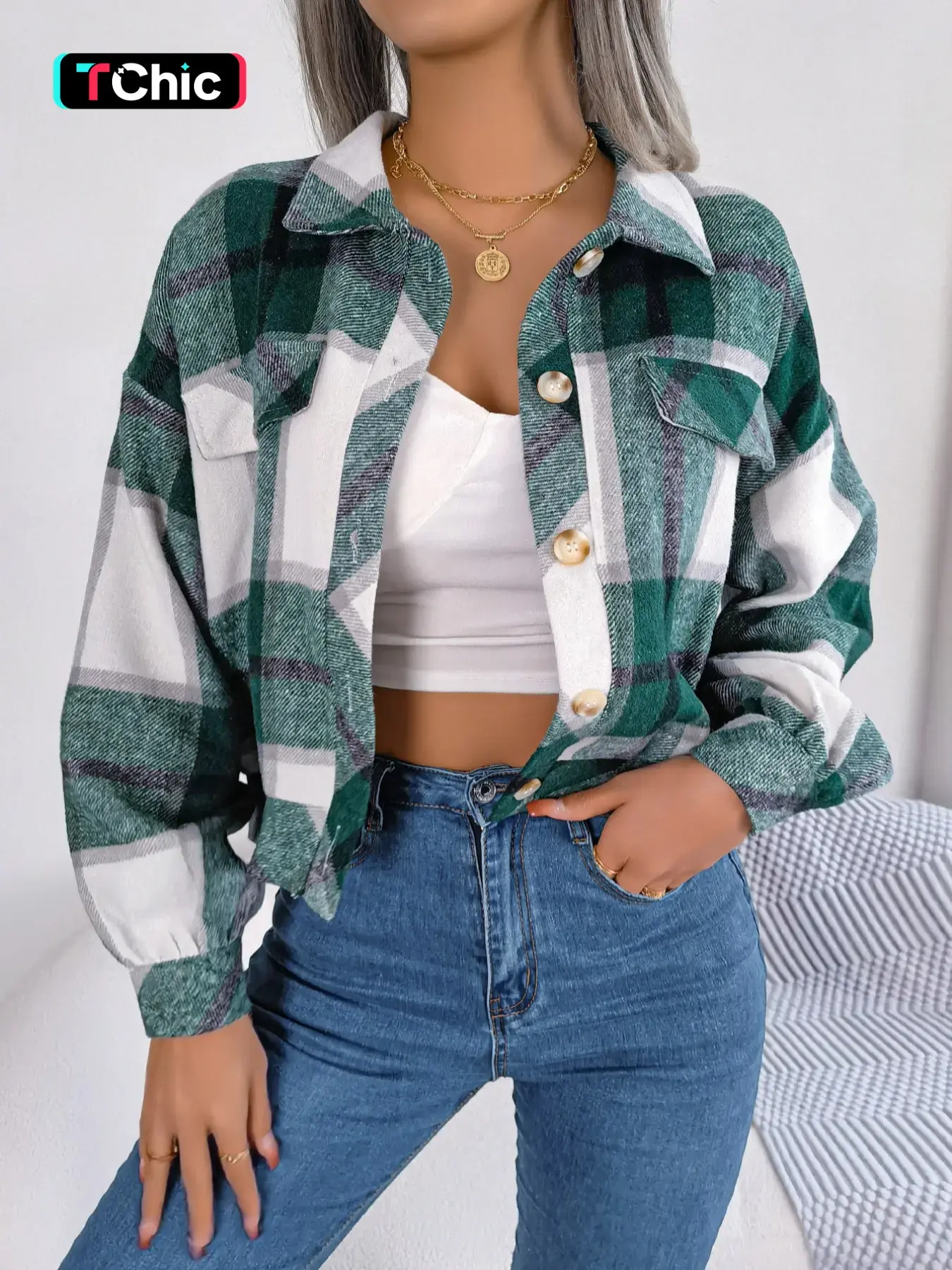 Women's Plaid Print Collared Long Sleeve Button Front Jacket Coats Fit, Casual Pocket Design Drop Shoulder Button Up Outerwear For Spring & Fall, Women's Clothing