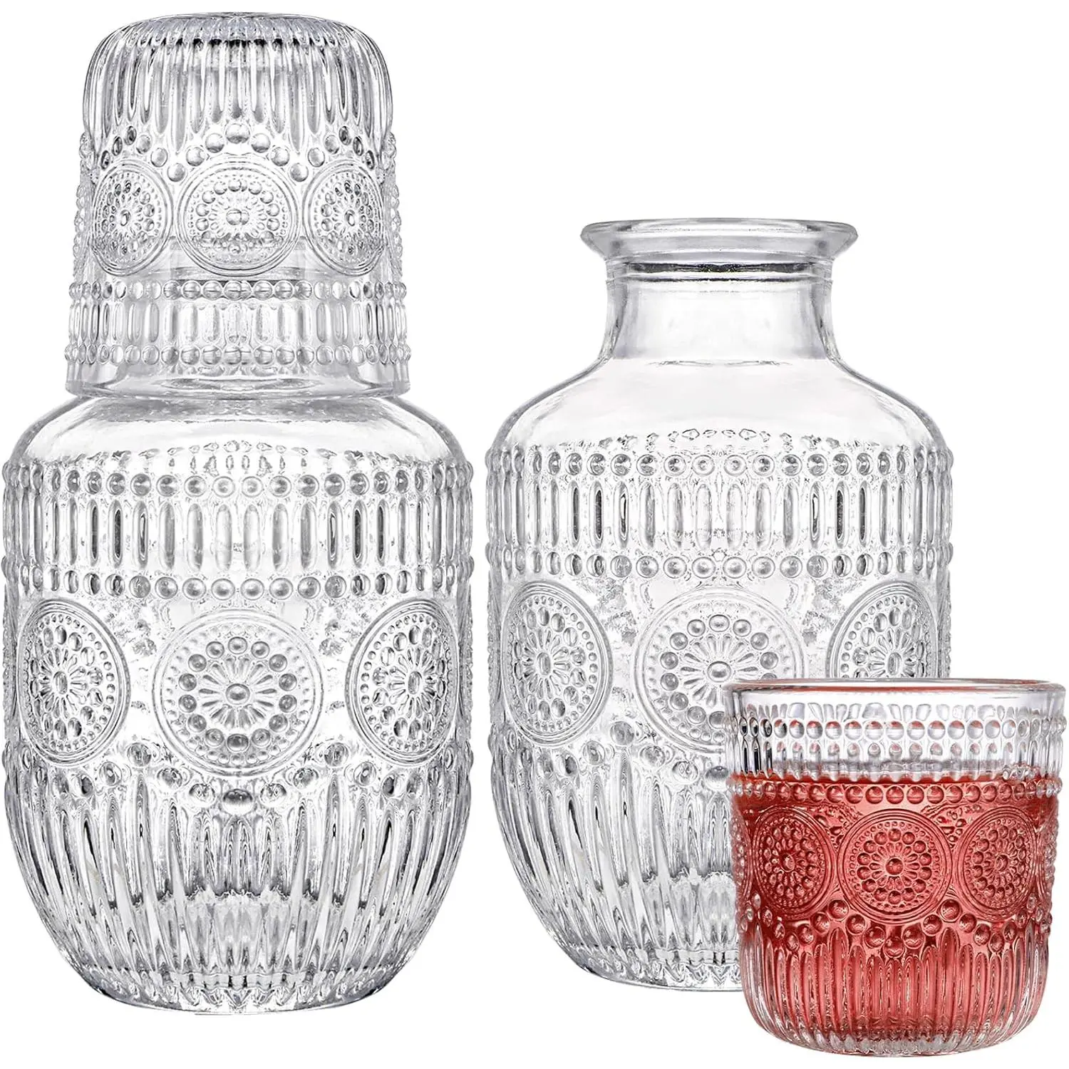 Bedside Water Carafe and Glass Set, 17OZ Glasses Pitcher & 5OZ Cup, Bedside Night Carafe Pitchers and Water Glass Tumbler Set, Vintage Glass Water Pitcher with Cup Set for Bedroom