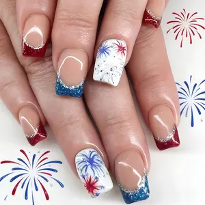 24Pcs 4th of July Press on Nails Medium Square Fake Nails Red Blue Glitter French Tip Glue on Nails with Fireworks Designs Patriotic False Nail for Women Acrylic Stick on Nails for Independence Day