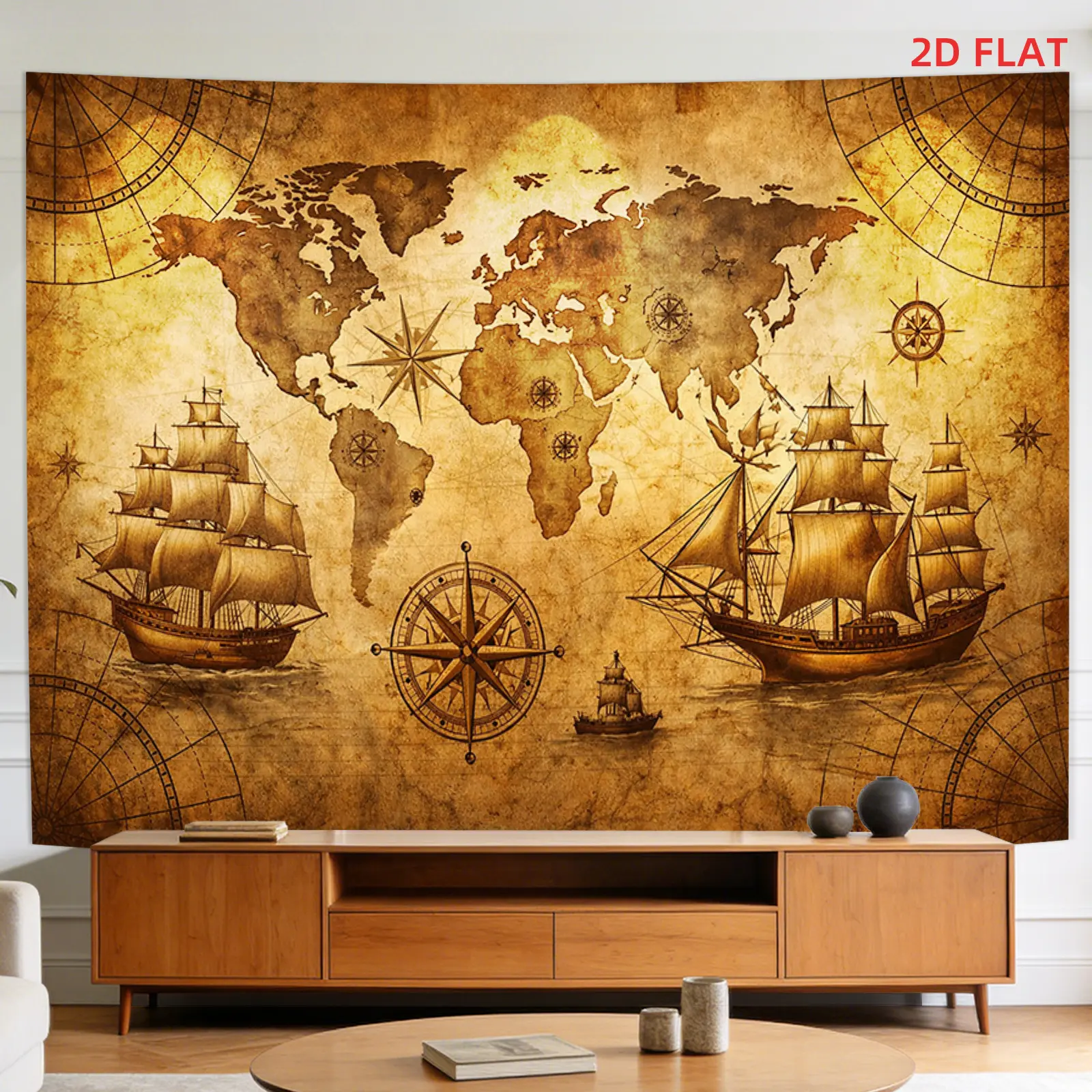 2D Flat, [2D Plane Printing] 1 Large Size/small Size Pattern Printed Tapestry- World Map, Old Ships, Compass, Vintage, Nautical., Room Wall Decoration, Non-luminous, Suitable for, Living Room, Meditation, Office, Party Decoration