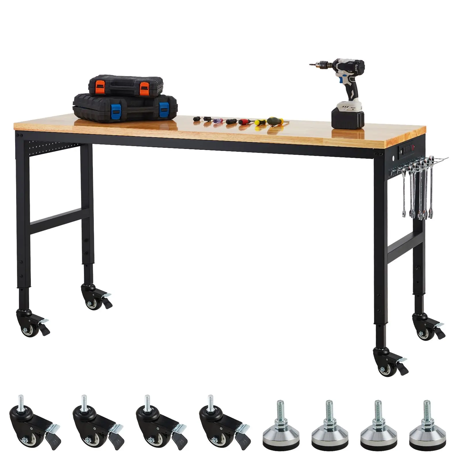 72-Inch Height-Adjustable Heavy-Duty Workbench, 2000 LBS Capacity Solid Wood Top Work Table with Power Outlets, USB Ports, Lockable Wheels for Garage, Workshop
