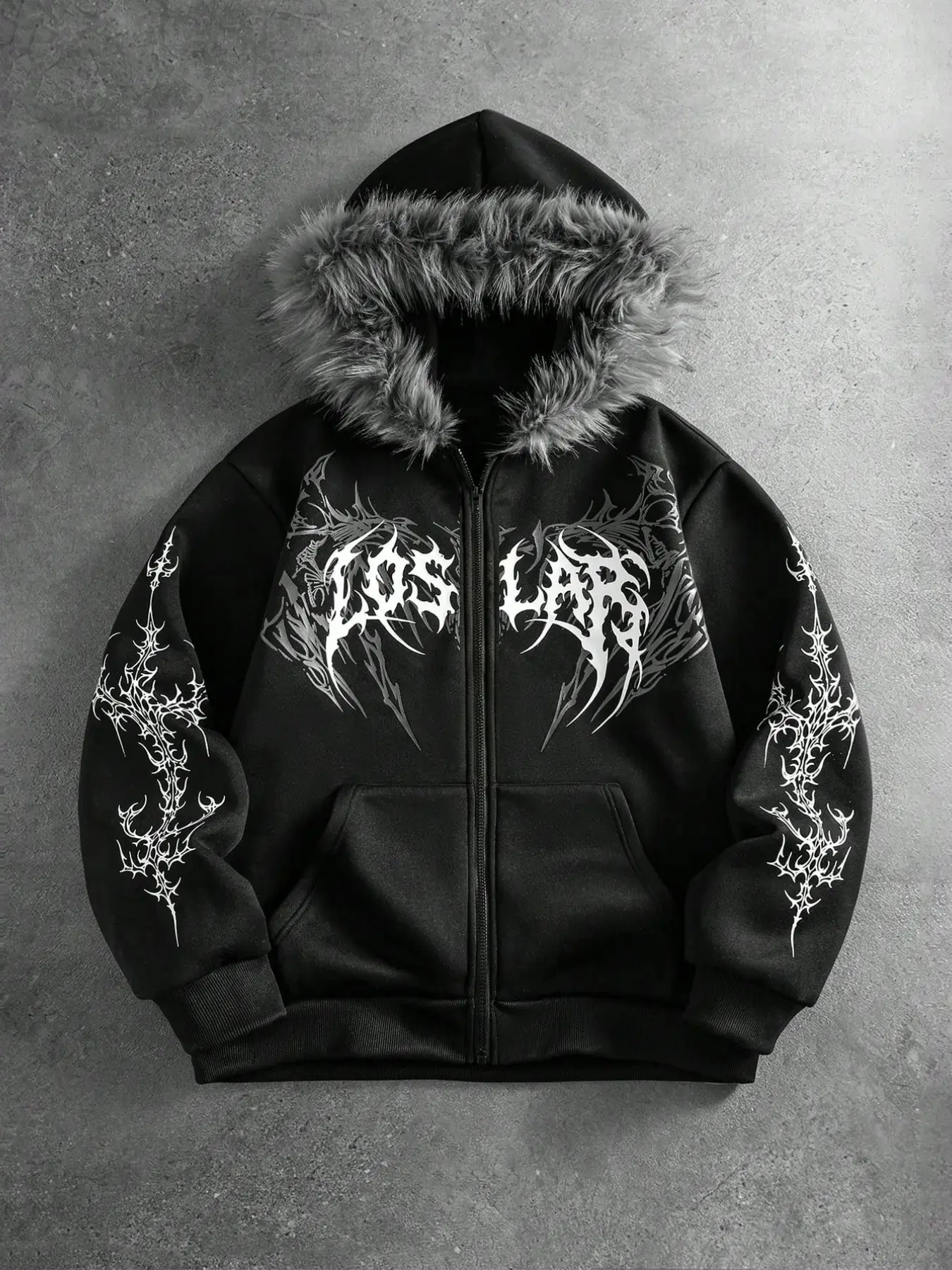 Men's Fall Winter Hooded Fur Collar Jacket, Gothic Spiky Pattern, Streetwear Style, Casual Loose Fit, All Seasons Fashion
