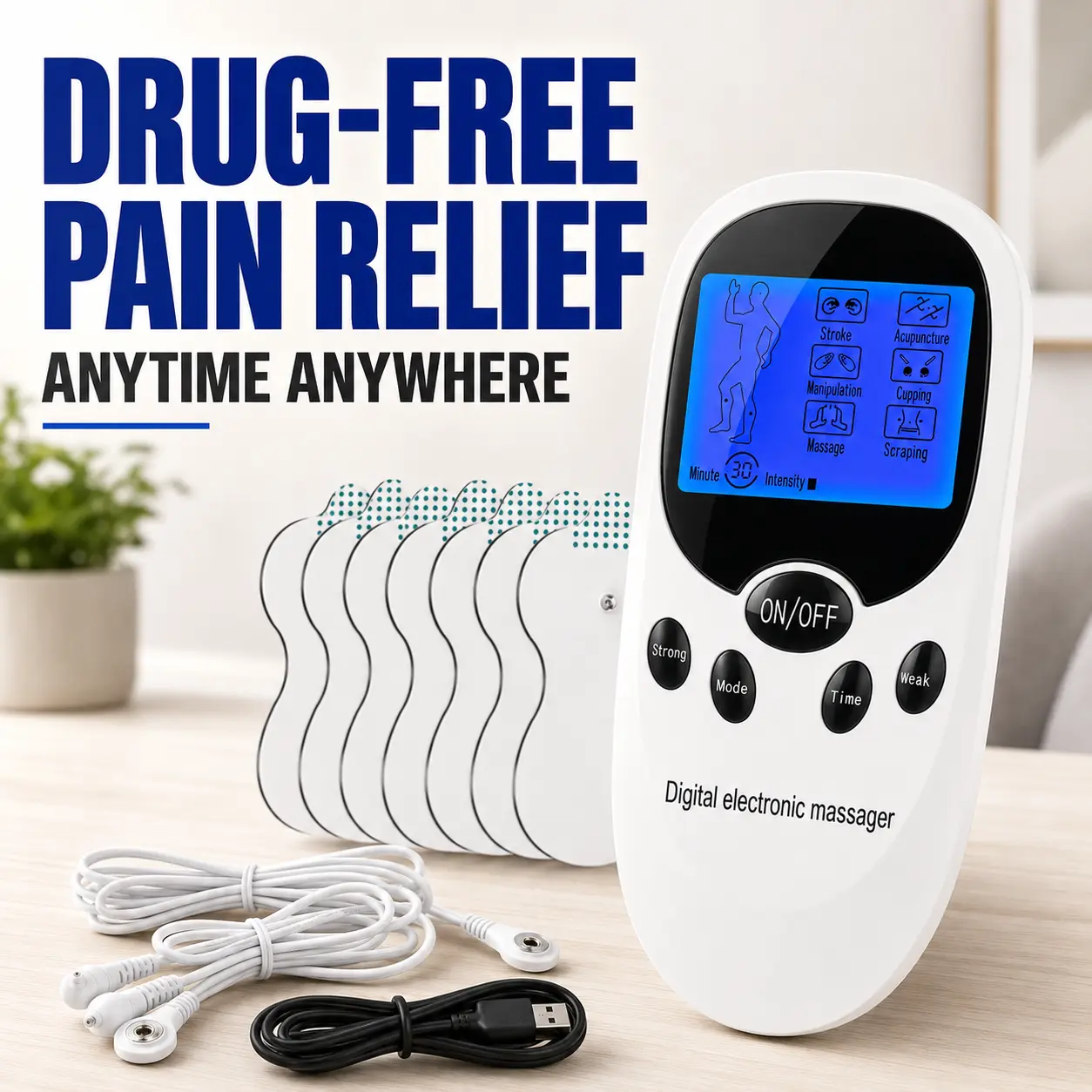 Dual-Channel Electric Pulse Massager, Portable Adjustable Lightweight Massage Device with Electrode Pads and Connecting Wires-3114