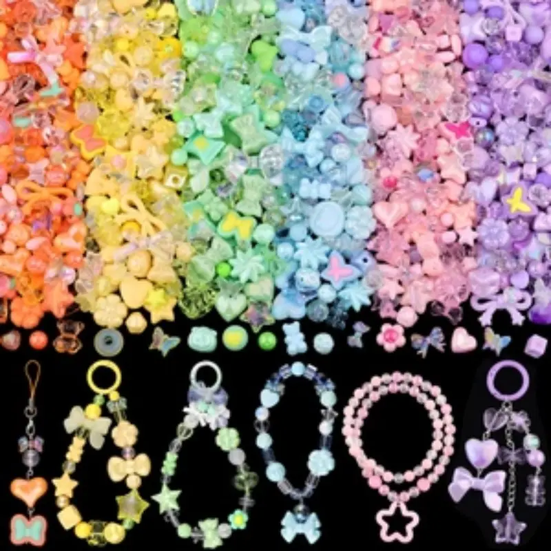 260-320pcs Acrylic Beads for Jewelry Making, DIY Bracelet Necklace Keychain Phone Charm Kit, 6 Color Mixed Charms, Beading Supplies for Girls Women