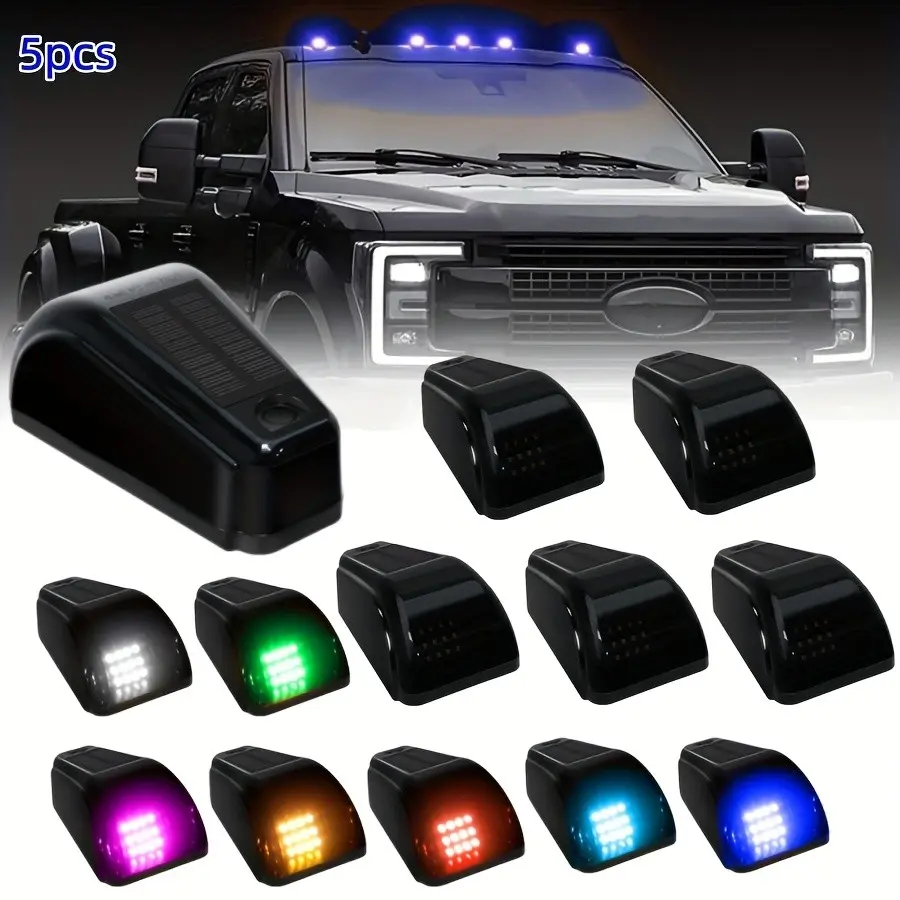 5pcs Solar Powered Cab Roof Marker Light, Water Proof Truck Accessories, Always On Wireless Solar Cab Lights for Ford for DODGE Ram SUV POV Pickup Trucks, Easy to Carry, 16 LED Running Light
