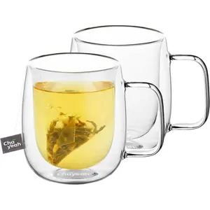 Double Wall 14 OZ Insulated Glass Mugs with Handle Set of 2 Perfect for Tea Coffee Water and More