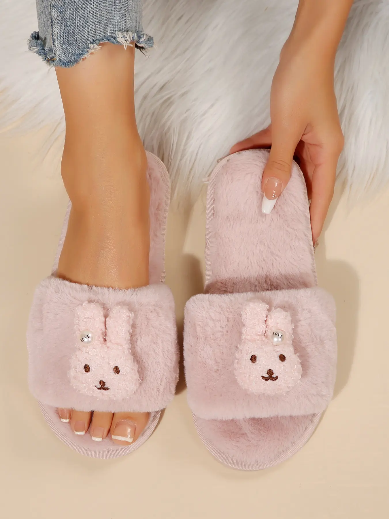 Women's Cute 3D Bunny Furry Open Toe Slide Slippers, Fluffy Plush Cartoon Rabbit House Slippers, Warm Indoor Bedroom Home Slides, Multi Colors Available