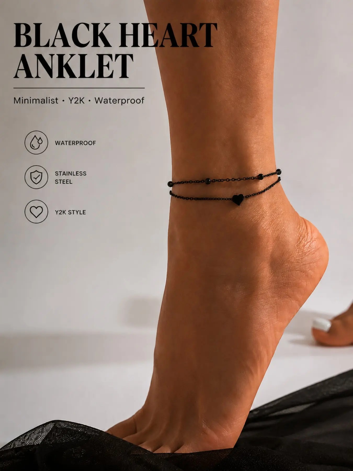 Double Layer Minimalist Heart Anklet, Waterproof Stainless Steel Y2K Dark Style, Elegant Beach Accessory, Perfect Gift for Friends