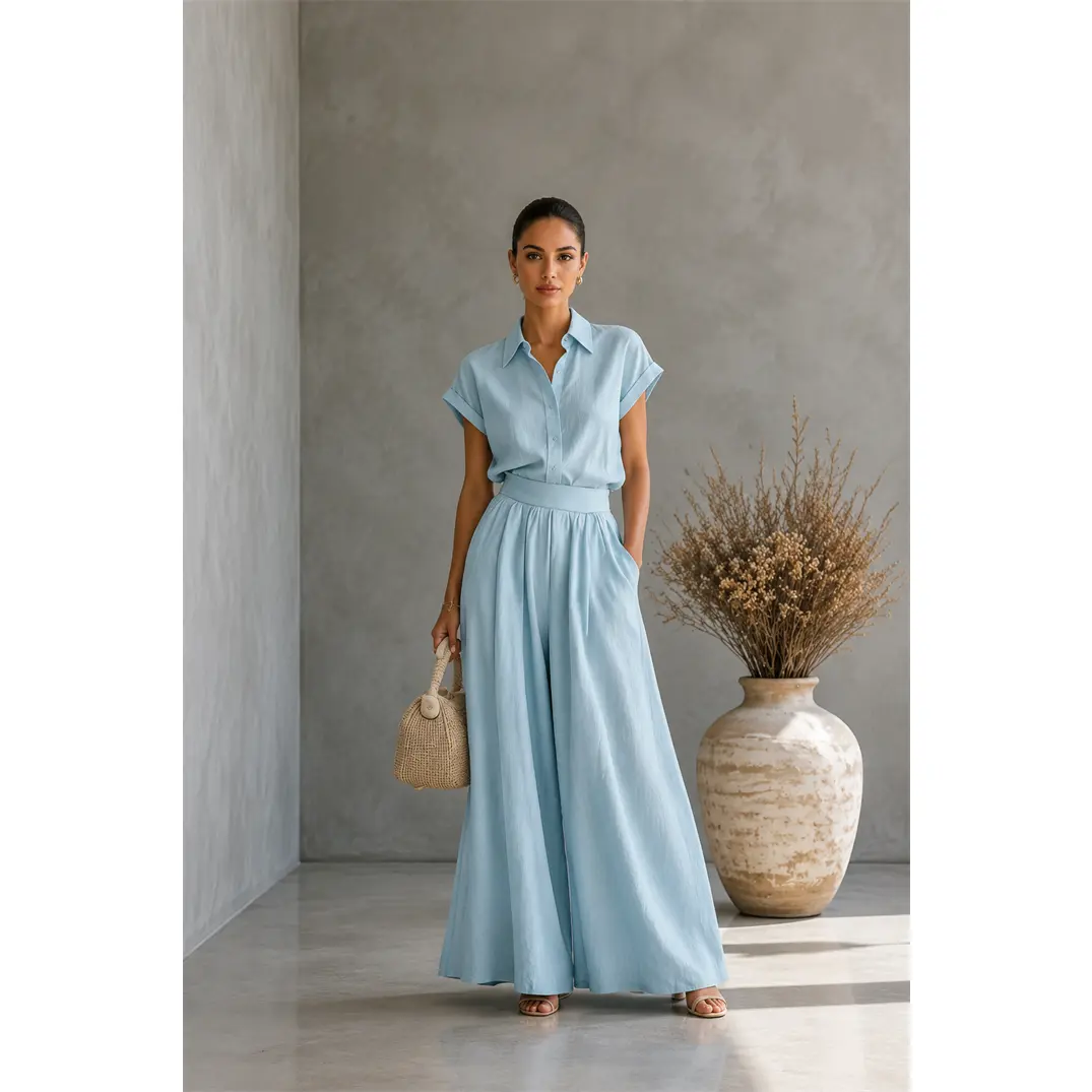 Women’s Cotton Linen Two Piece Set, Short Sleeve Button Down Shirt with High Waist Wide Leg Pants, Elegant Casual Vacation Outfit, Lightweight Breathable Matching Set for Summer Travel, Beach, Resort, Daily Wear and Weekend Fashion