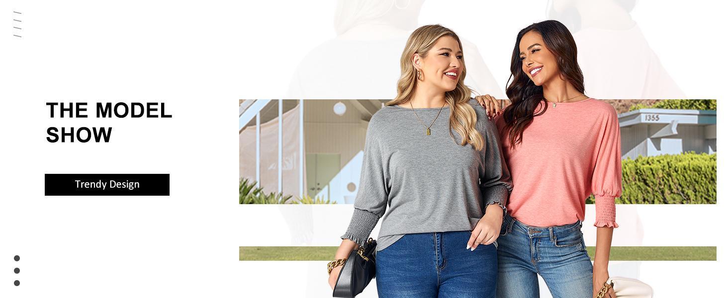 Imily Bela Women's 3/4 Sleeve Casual Tops Solid Color Crew Neck Loose Fit Shirts Blouses