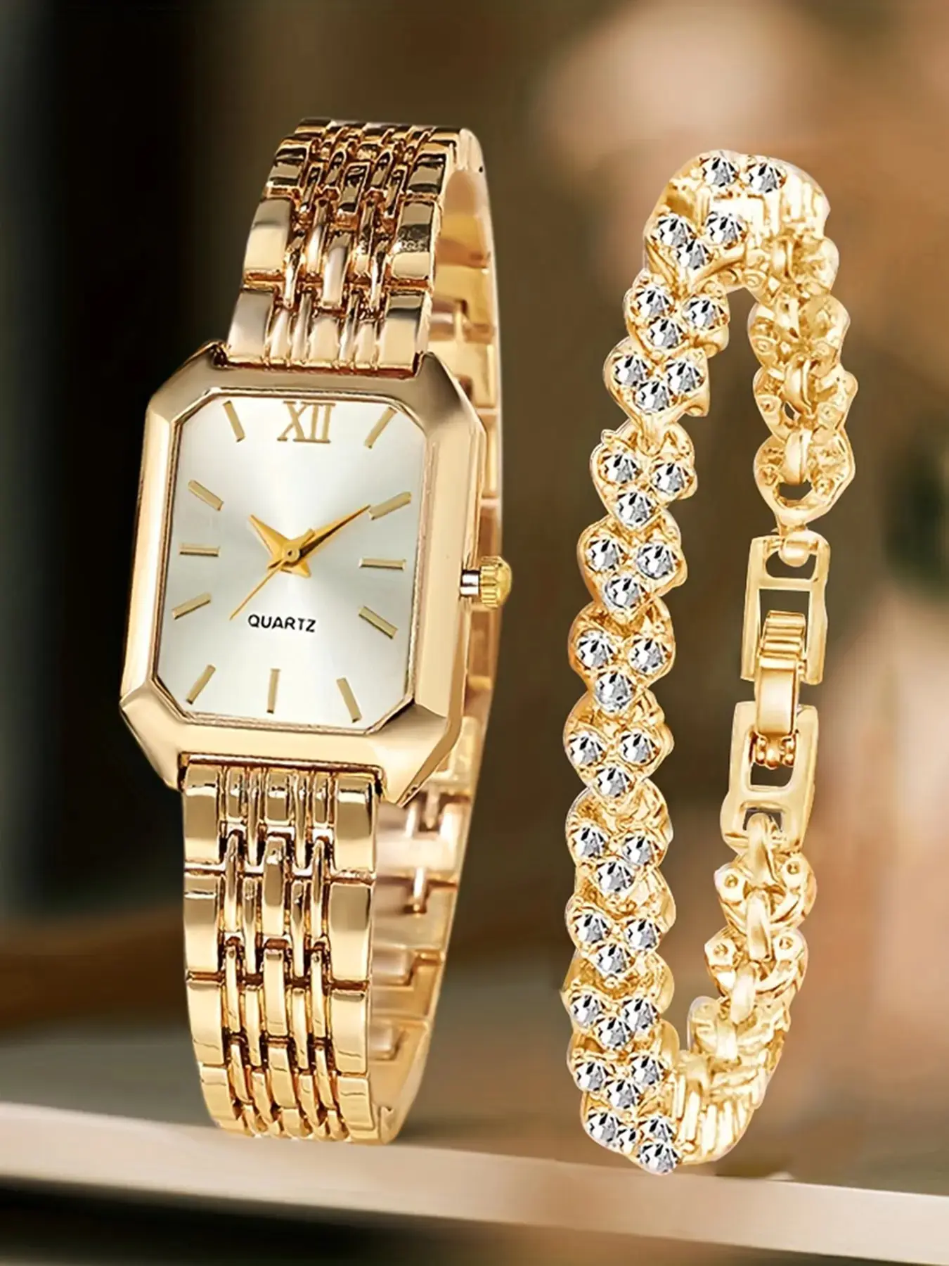 2pcs Women's Elegant Retro Watch Set - Luxury Heart Chain Analog Wristwatches Quartz Watch with Rectangular Dial & Stainless, Wedding, or Casual Attire - Classic Timepiece Gift