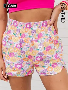 Women's Boho Floral Chic Shirred High-waisted Shorts, Casual for Summer , Ladies Summer Clothes for Daily Wear
