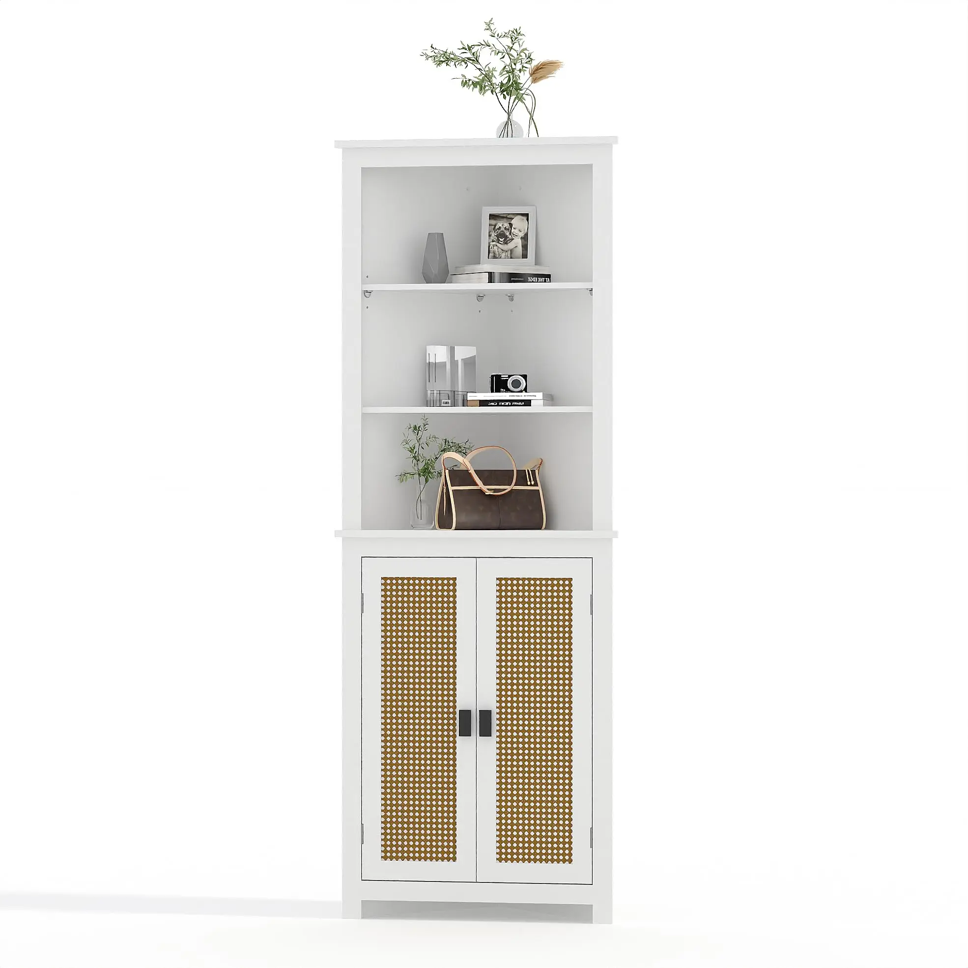 Space-Saving Farmhouse Corner Cabinet – 64" Tall Freestanding Storage Hutch with 2 Barn Doors and 3 Adjustable Shelves – Ideal for Kitchen, Dining Room, Bathroom, or Laundry
