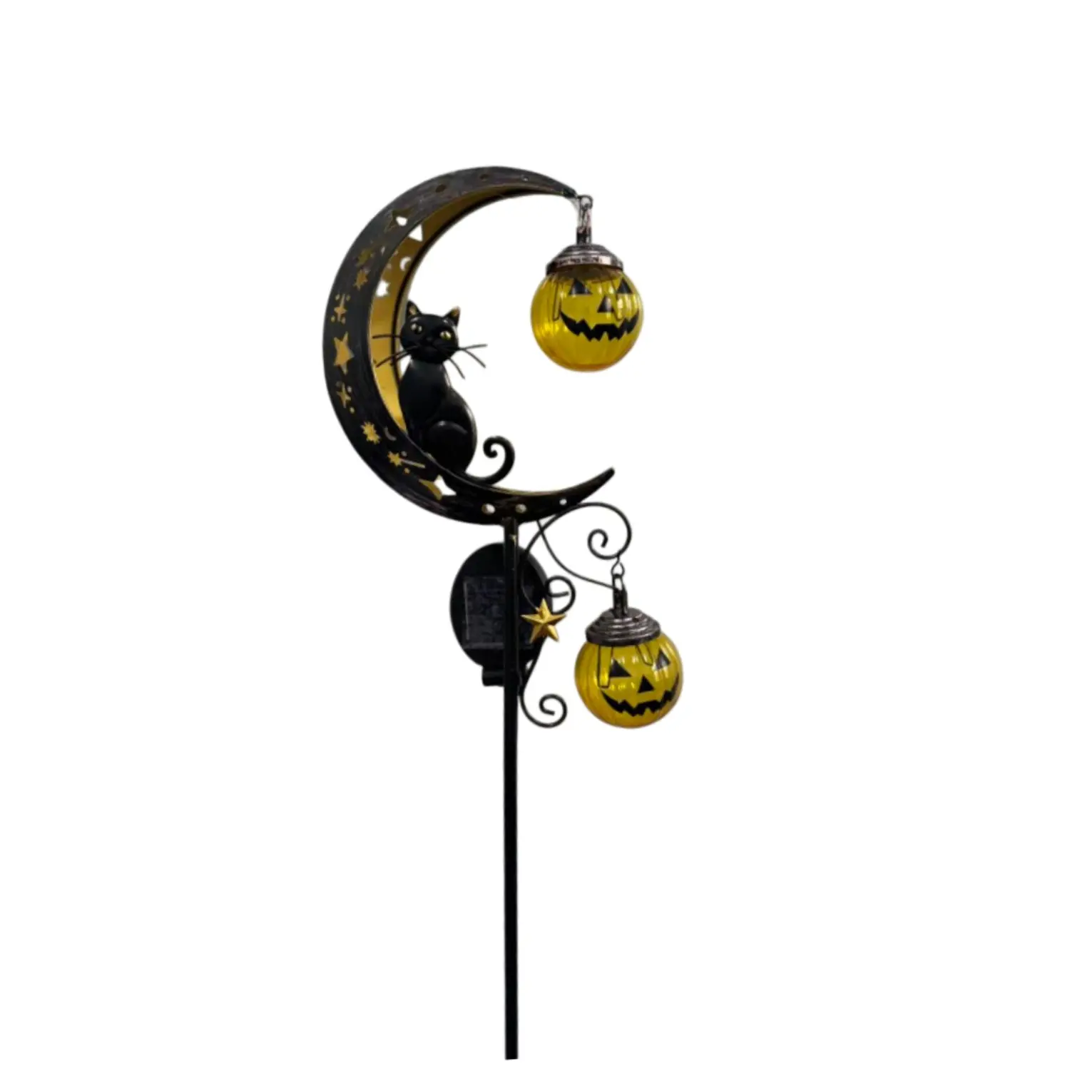 Solar Halloween Garden Decor Plug-In Lamp, Vintage Crescent Cat Design with Festive Glowing Pumpkin Lantern, Outdoor Waterproof LED Lawn Light