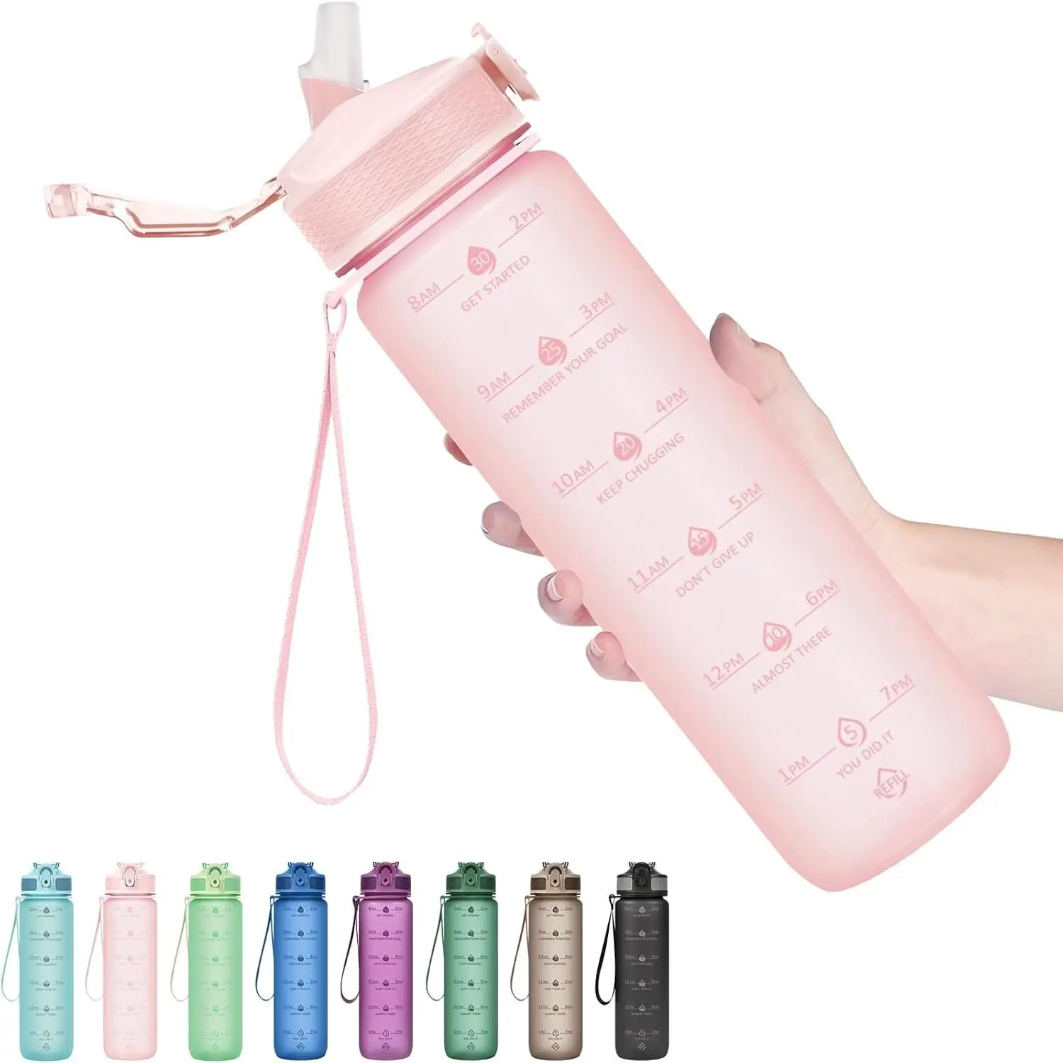 Hyeta Plastic Water Bottle With Straw & Time Marker, 32oz Leakproof Jug | Motivational Tritan BPA Free Gym Office Outdoor Intake Tracker Hourly Reminder Straw Lid Lightweight