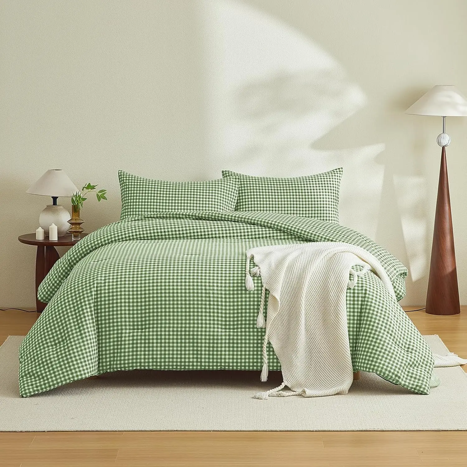 Gingham Duvet Cover Set  Size 3 count Green  Grid Duvet Cover,   Comforter Cover, Checkered Gingham Bedding