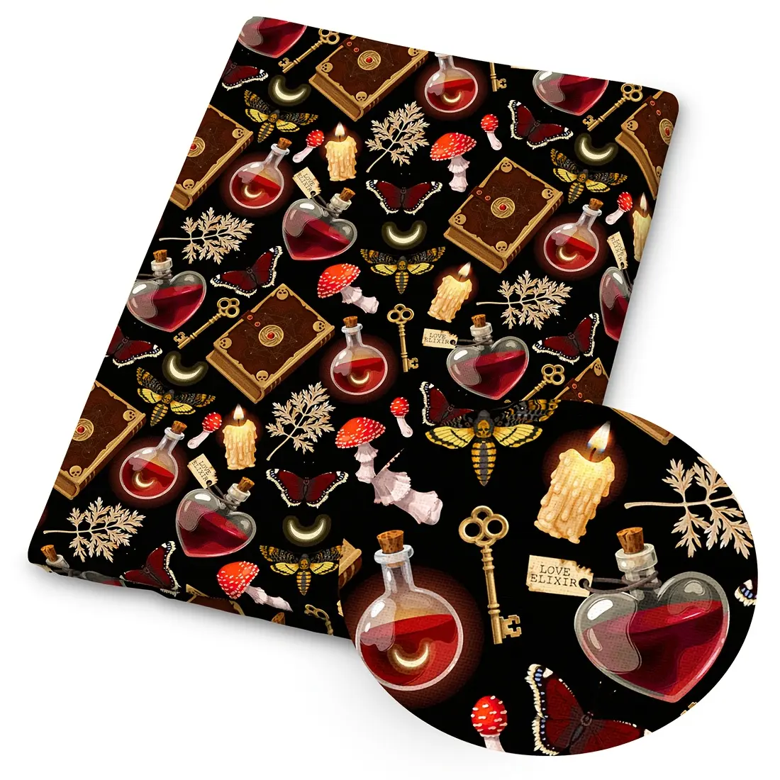 1pc of Halloween-Themed Print Fabric - Vintage Witch, Skull, Red Moon, Mushroom, And Black Cat Design, Size 59X19.68 Inches (150X50 Cm), Suitable for Patchwork Crafts, Halloween Craft Materials, And Wallet Making