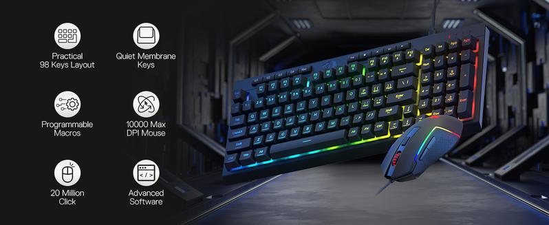 Redragon S141 Gaming Keyboard & Mouse Combo - 98 Keys K515 Wired RGB Membrane Keyboard with 10000 DPI, Ideal for Gaming and Office Work