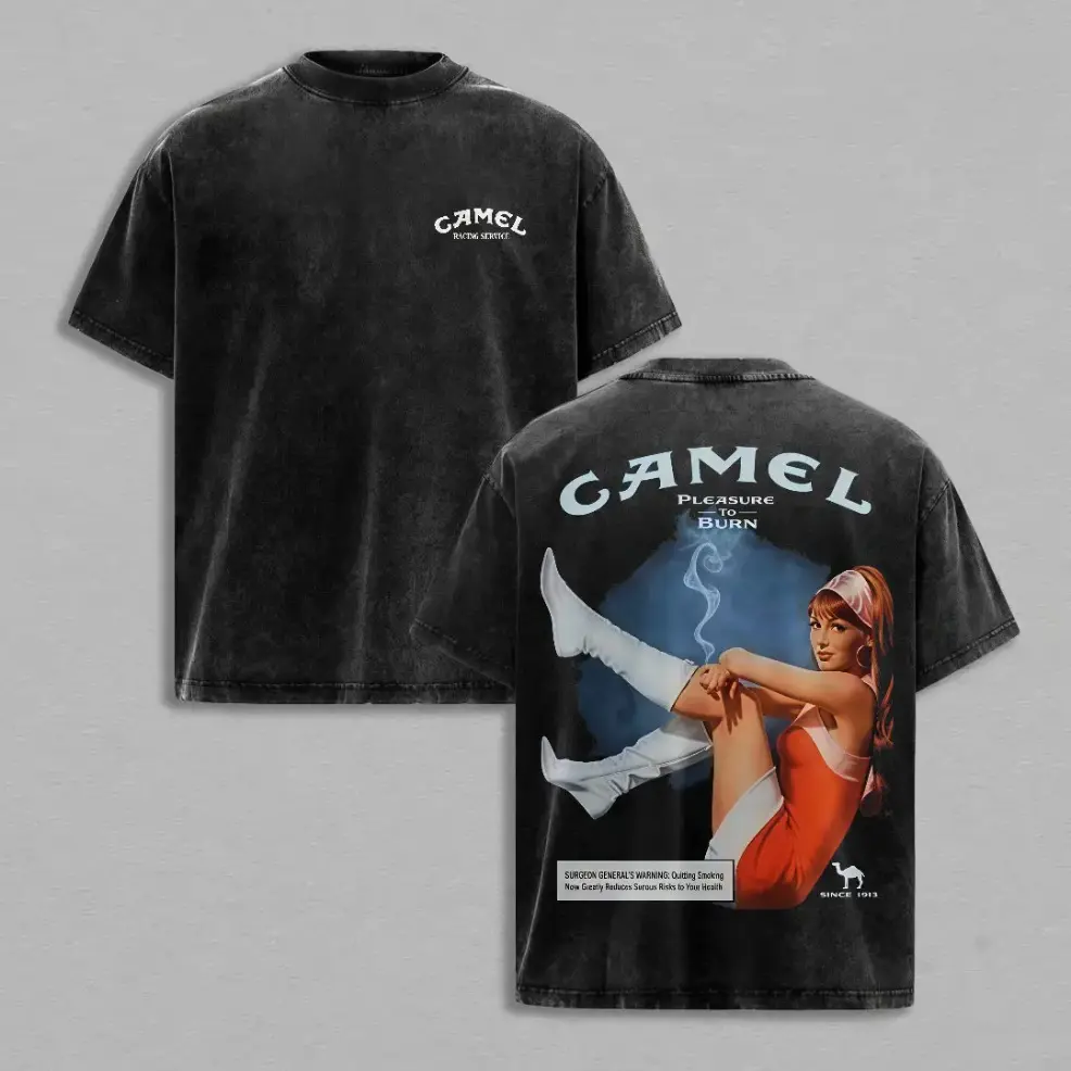 Men's Vintage Acid Washed Distressed Camel Pure Cotton Short-Sleeve Loose-Fitting Plus Size Multi-Size Oversized Tee with "Pleasure To Burn" Retro Pinup Lady Back Print for Western Street Fashion, Home Relaxation, Daily Commute, Crew Neck