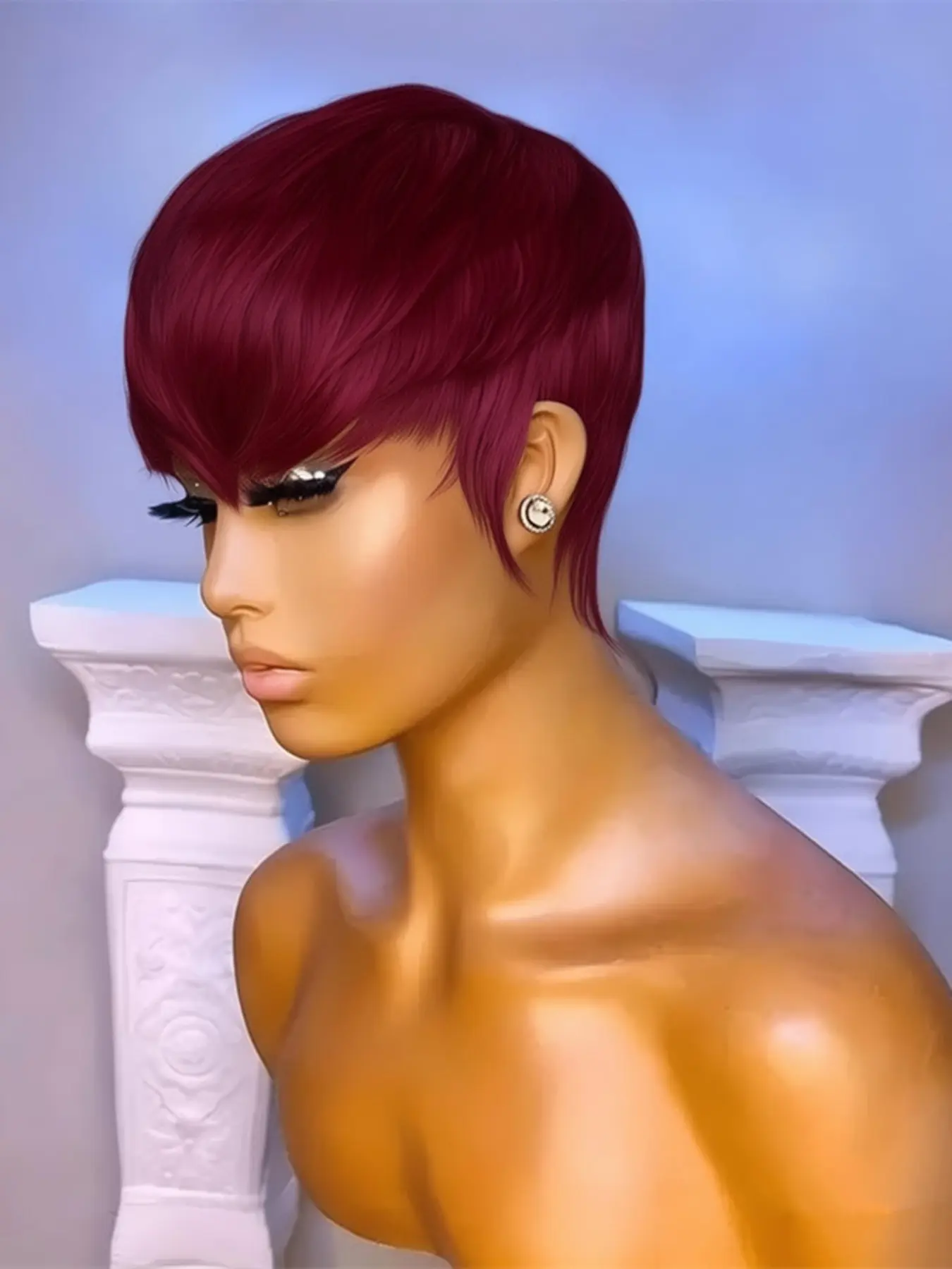 Short Straight Machine Made Pixie Wig, 150% Density Burgundy Color, Daily Party Cosplay Use, Human Hair Wigs for Women