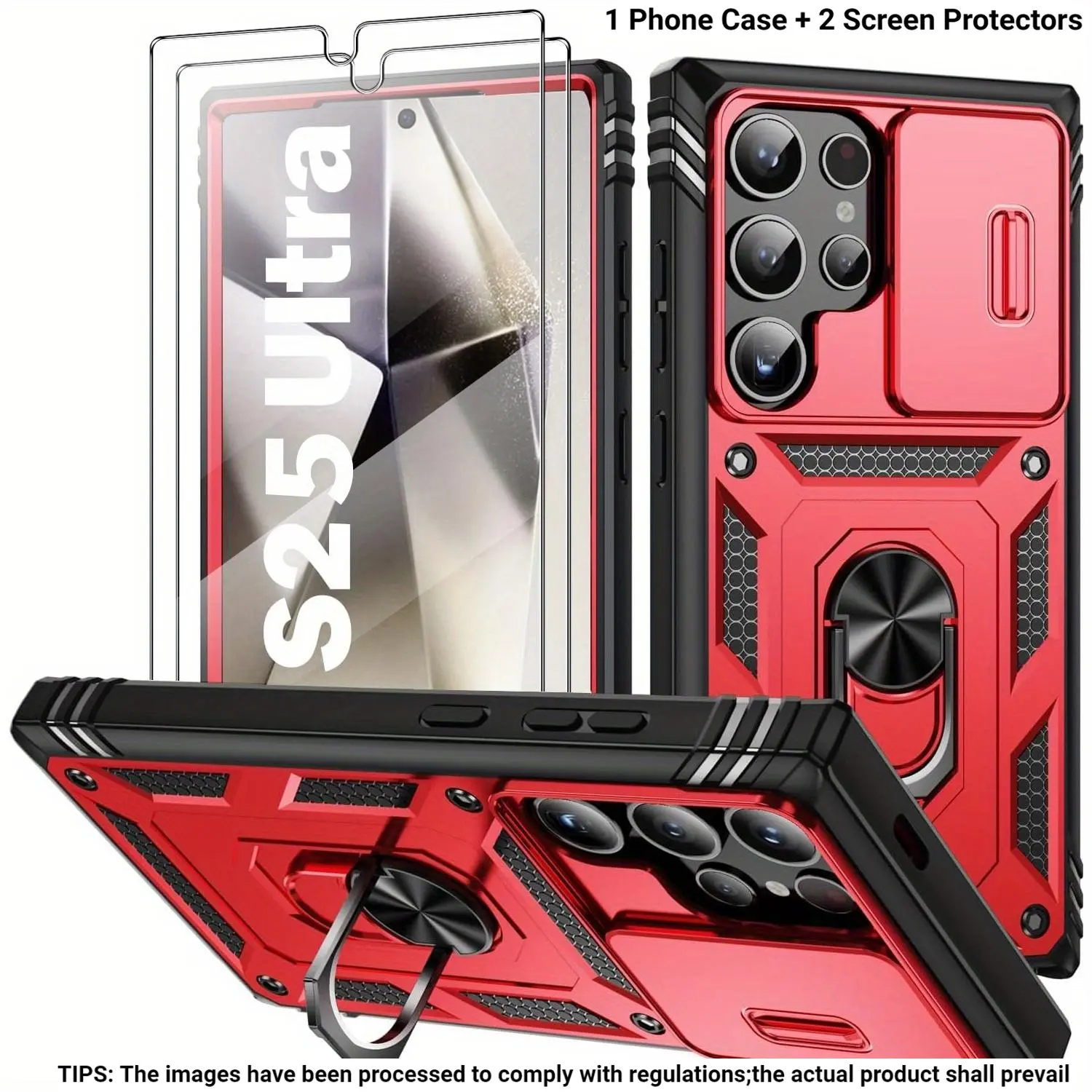 for Samsung Galaxy S25 Ultra S24 Ultra S23 Ultra Case, TPU Smartphone Casing, Shockproof, Military Protector, 360° Metal Ring Kickstand & Camera Slide Cover, Heavy Duty Rugged Shockproof Protective Hard Shell with 2 Sheets Screen Protector
