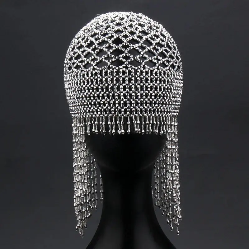 Hot style belly dance hat performance hair accessories pure handmade beaded bridal accessories long tassel headdress