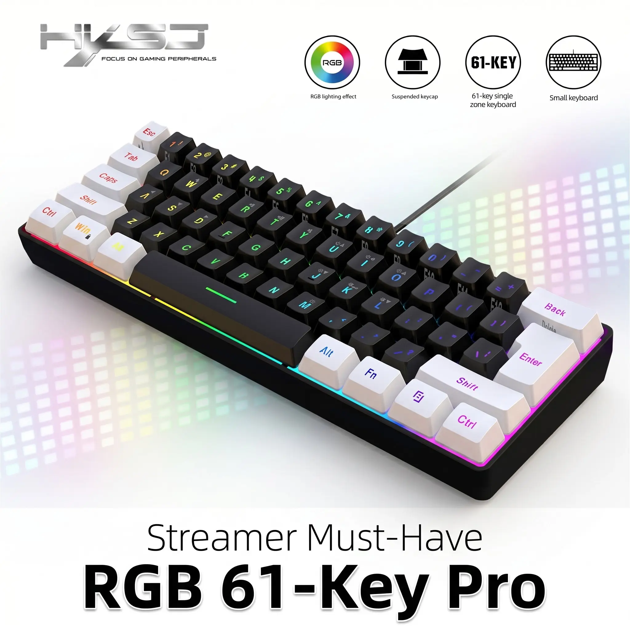61 Key Wired Keyboard, Dual Color Injection Molded Keycaps, Plug and Play, Gaming Home Office, Reduce Hand Strain, Premium Gift Pick