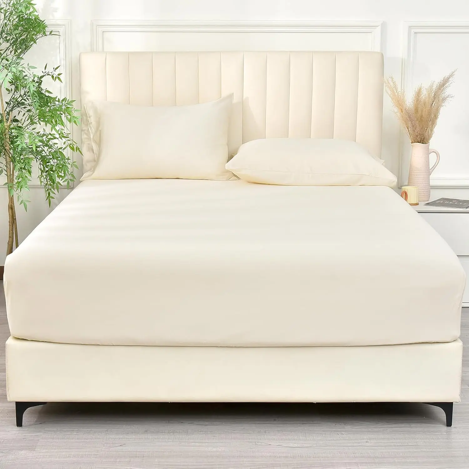 100% Rayon Derived from Bamboo Fitted Sheet Queen Size, 16" Deep,2.5cm Wider Elastic Easy Fit, Breathable Soft Skin-Friendly for Hot Sleeper, 60"x 80",Cream,No Pillowcases
