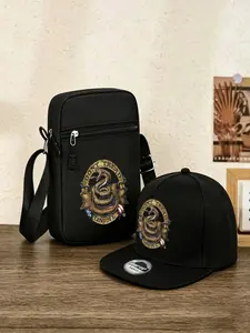 2pc Don't Tread on Me Rattlesnake Print Snapback Cap & Crossbody Bag Set, Vintage Usa Flag Snake Graphic, Casual Outdoor Mens Accessory Gift Combo