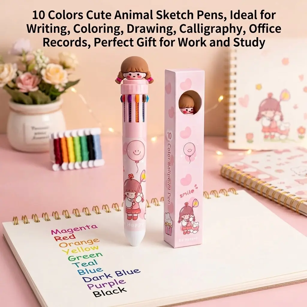 10 Colors Cute Animal Sketch Pens, Ideal for Writing, Coloring, Drawing, Calligraphy, Office Records, Perfect Gift for Work and Study