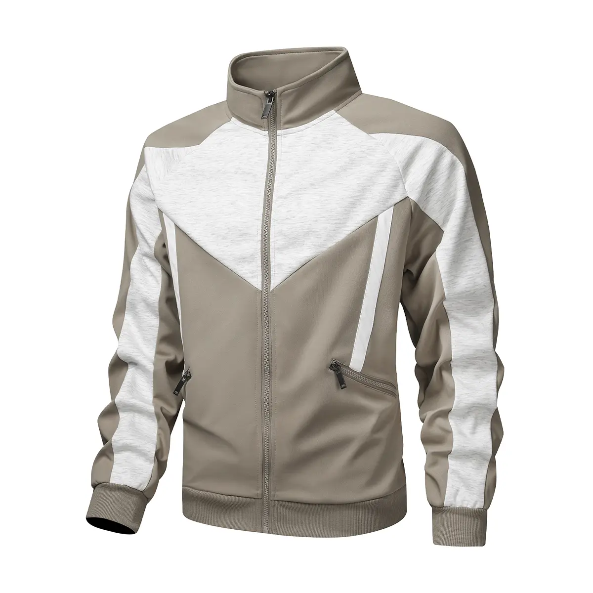 Men's Khaki & Light Heather Gray Color-Block Stand Collar Track Jacket - Full-Zip Medium-Length Athletic Outerwear, Slim-Fit Cut Zip Pockets Casual Coat, Lightweight for Daily Commute, Gym, Spring & Autumn Outfits