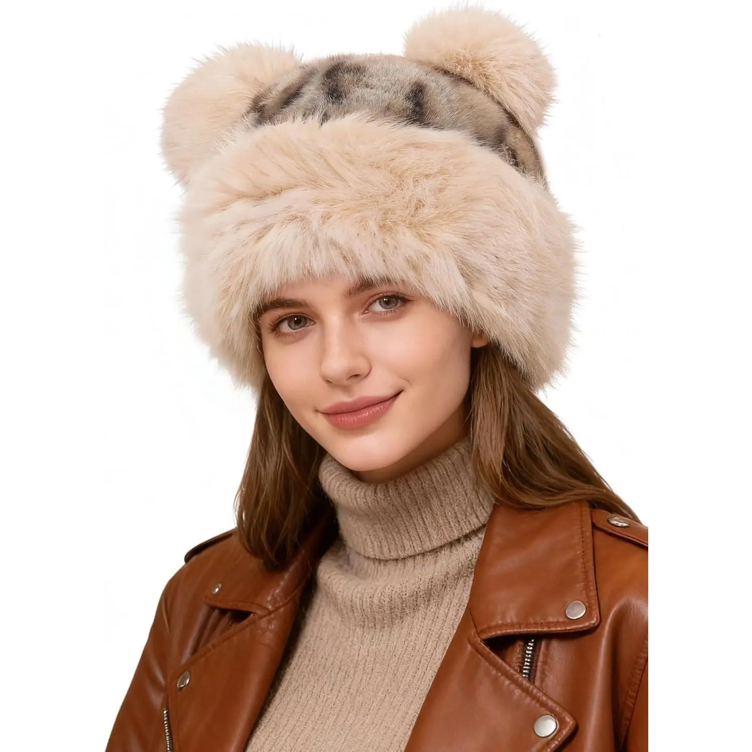 Women's Winter Faux Fur Hat - Warm Furry Beanie with Pom Pom Fisherman Cap Casual Trendy Mongolian Hat Skiing Cap