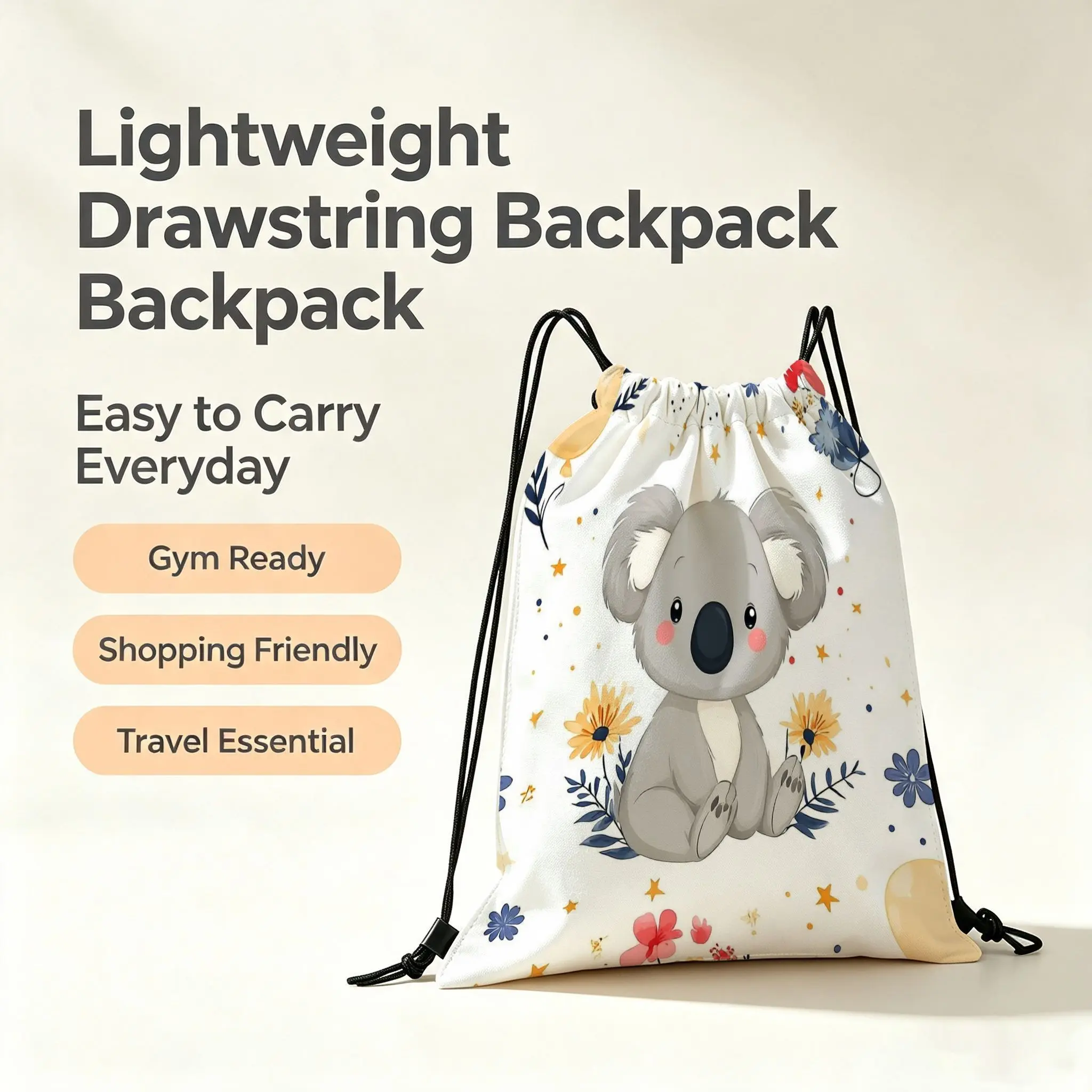 Cute Koala Illustration Drawstring Pouch, Floral Star Pattern, Gym/court/travel/yoga, Lightweight Washable, Valentine's/birthday Gift