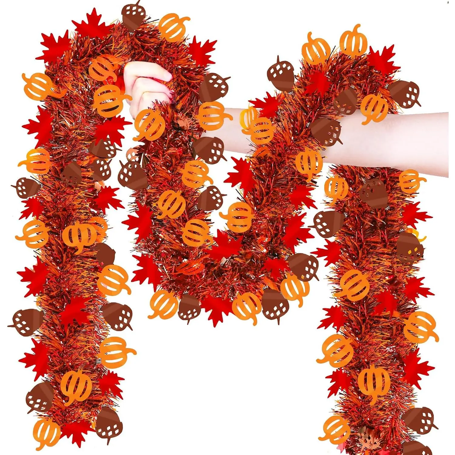 50Ft Fall Decor Fall Tinsel Garland with Pumpkin Maple Leaf Acorn Fall Decorations for , Shiny Metallic Maple Leaves Fall Garland for Mantle Tree Autumn Halloween Thanksgiving Decor Indoor Outdoor