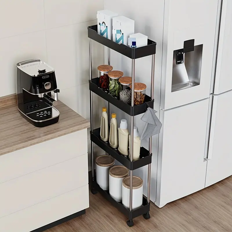 4-Tier Narrow Frame Storage Cart with Wheels, Metal Frame, Ideal for Kitchen, Bathroom, Laundry Room, Living Room, No Installation Needed