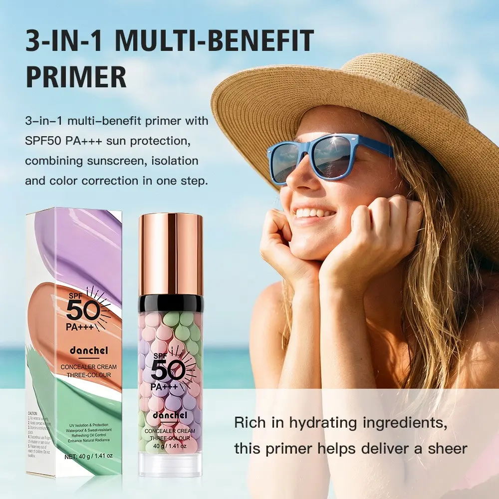 40g Three-Color Protective Primer, Sunscreen Concealer Corrector Multi-Function, Moisturizing Makeup Base Foundation Liquid, Hydrating Flawless Coverage