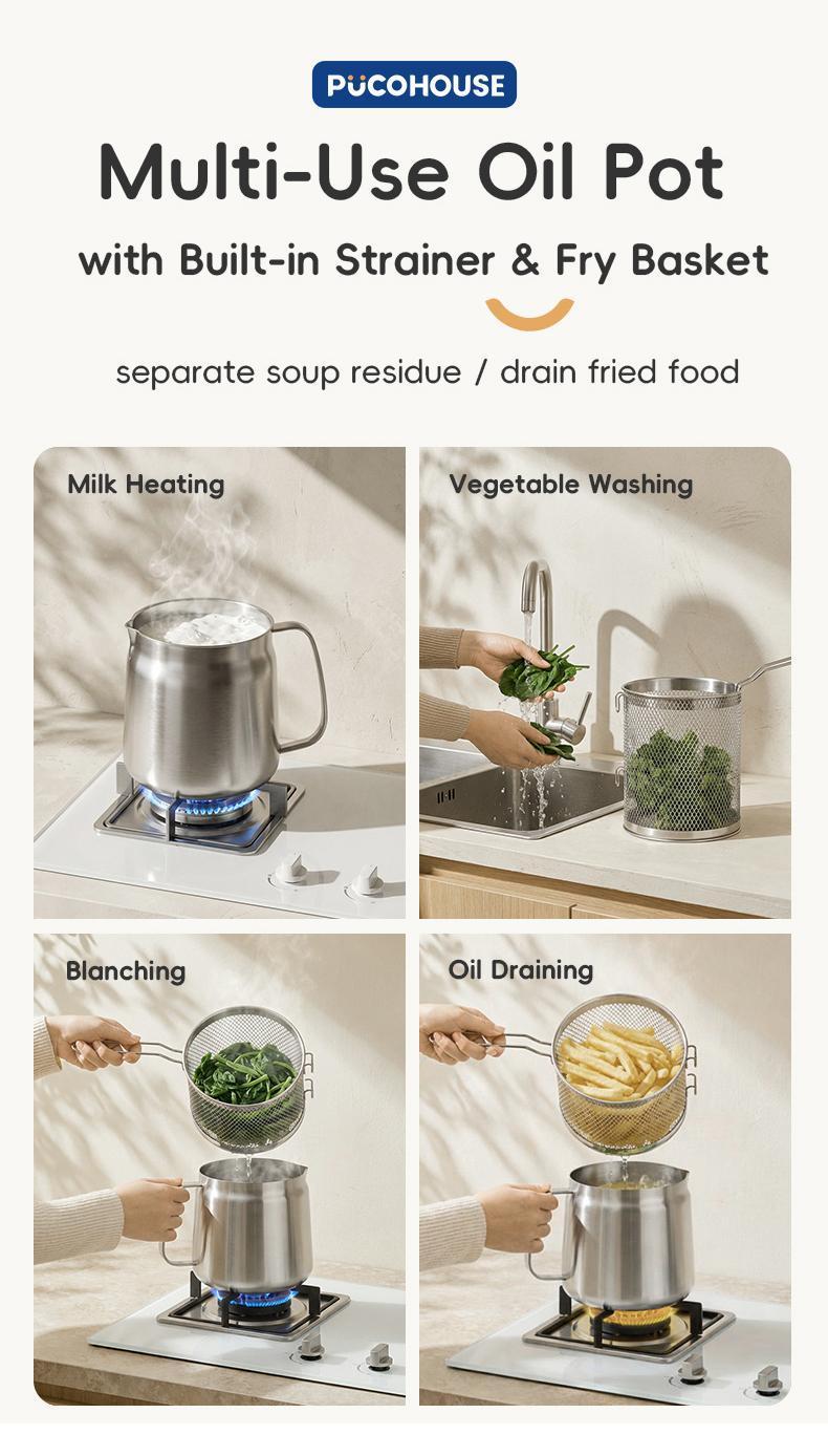 3500ml Stainless Steel Oil Dispenser w/Filter & Tray 4-Piece 304 Stainless Steel Deep Fryer Pot with Oil Filter Basket Utensils Kitchenware Aluminum 	 stainless steel pans