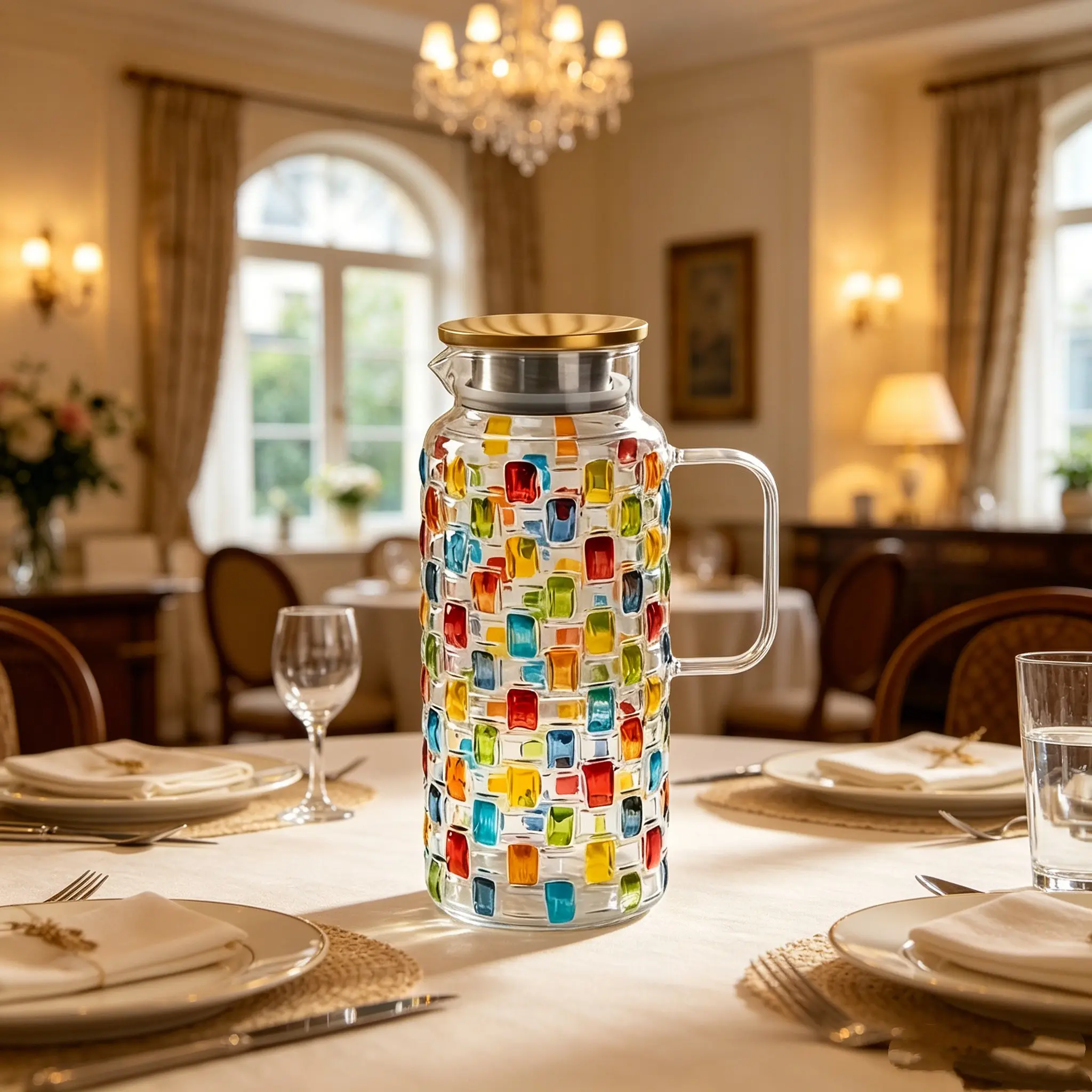 Hand-Painted Colorful Glass Water Bottle with Handle, 1500ML/50oz Large Home Ice Tea Pot, Ideal for Parties, Family, Wedding Gifts