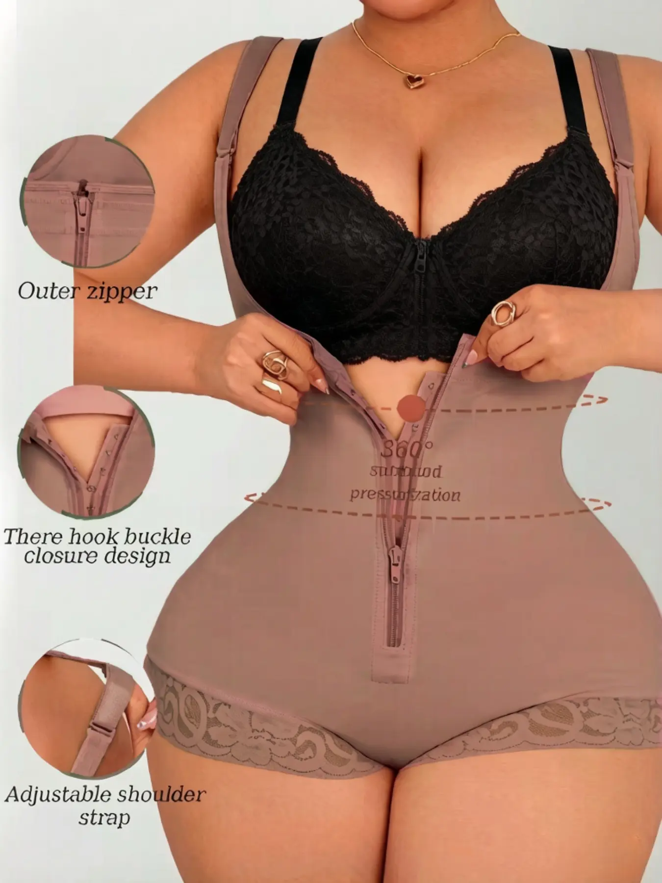 1 Count Women's Sexy Solid Color Open Bust Shapewear, Fajas, Butt Lifting and Tummy Control Bodysuit, Colombian Shapewear, Zipper Clouse Tight Fitting Jumpsuit with Lace Trim Antislip, Suitable for Travel Wedding & Sports & Yoga