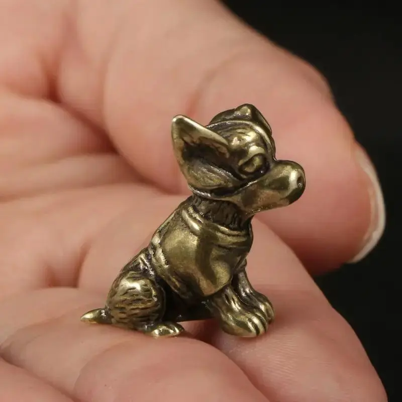 Handmade Copper Dog Sculpture, Solid Brass Puppy Ornament, Cute Zodiac Dog Figurine, Antique Style Tea Pet, Small Decorative Item